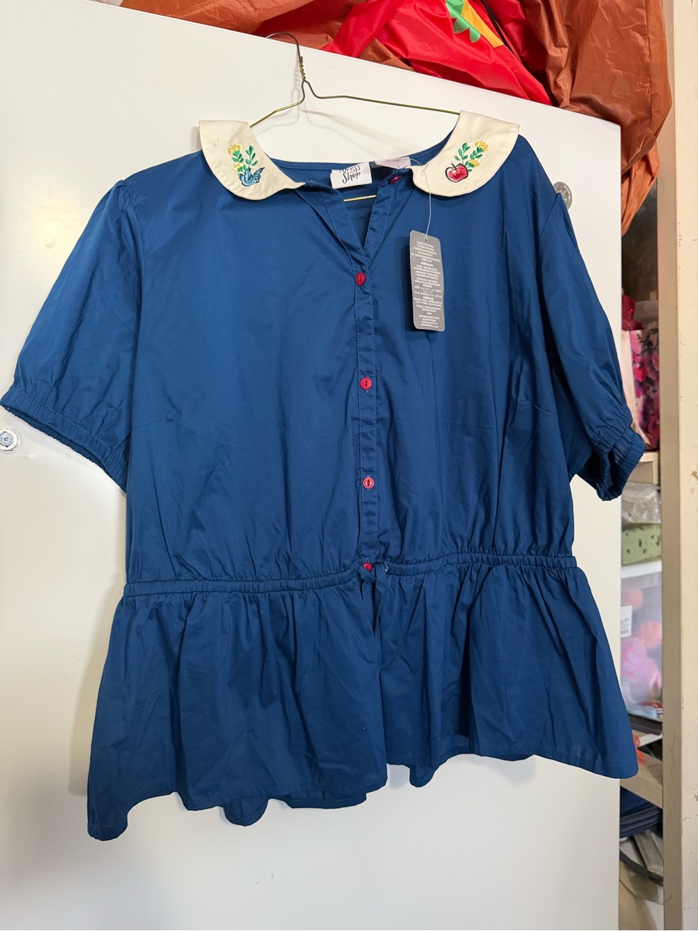 Girls' Navy Button-Front Peplum Top with Embroidered Collar - Kids